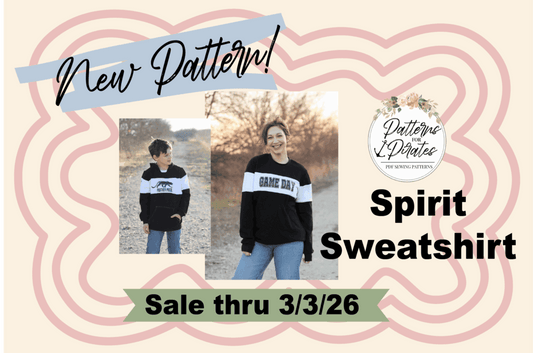 Spirit Sweatshirt pattern announcement featuring adult and youth sweatshirts