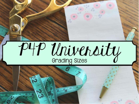 Grading Sizes guide with sewing tools and measuring tape