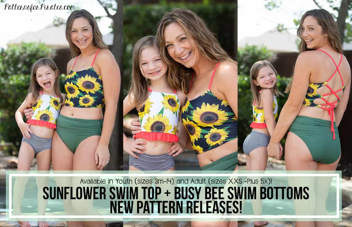 Sunflower Swim Top + Busy Bee Swim Bottoms — P4P pattern artwork showing sewn examples