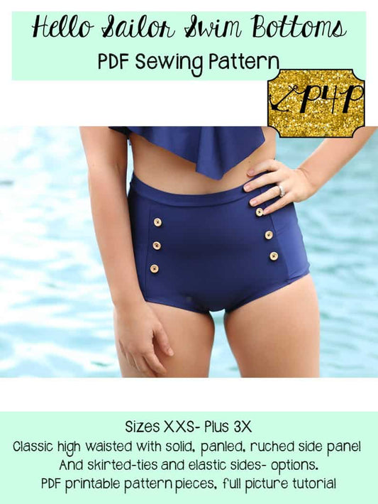 Hello Sailor Swim Bottoms — P4P pattern artwork showing sewn examples