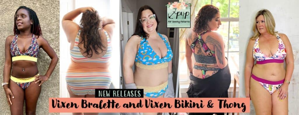 Vixen Bralette and Vixen Bikini & Thong — P4P pattern artwork showing sewn examples