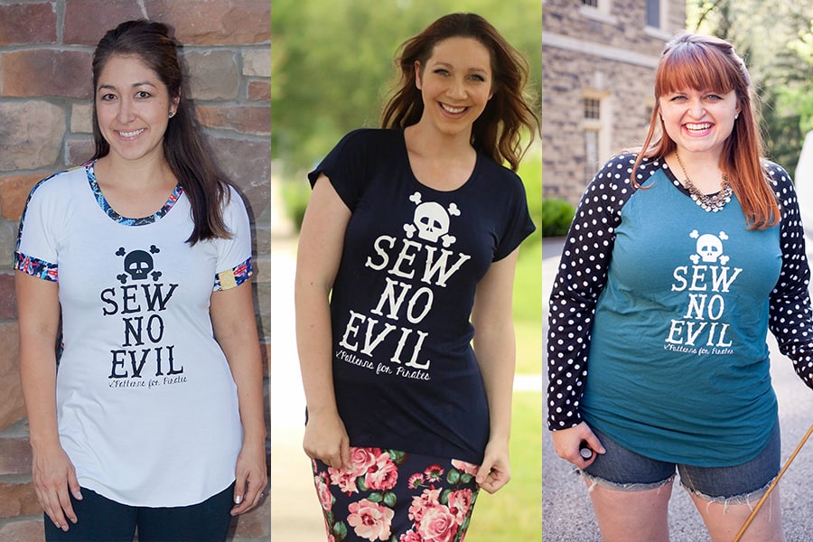 Three sewists wearing Sew Like a Pirate graphic shirts