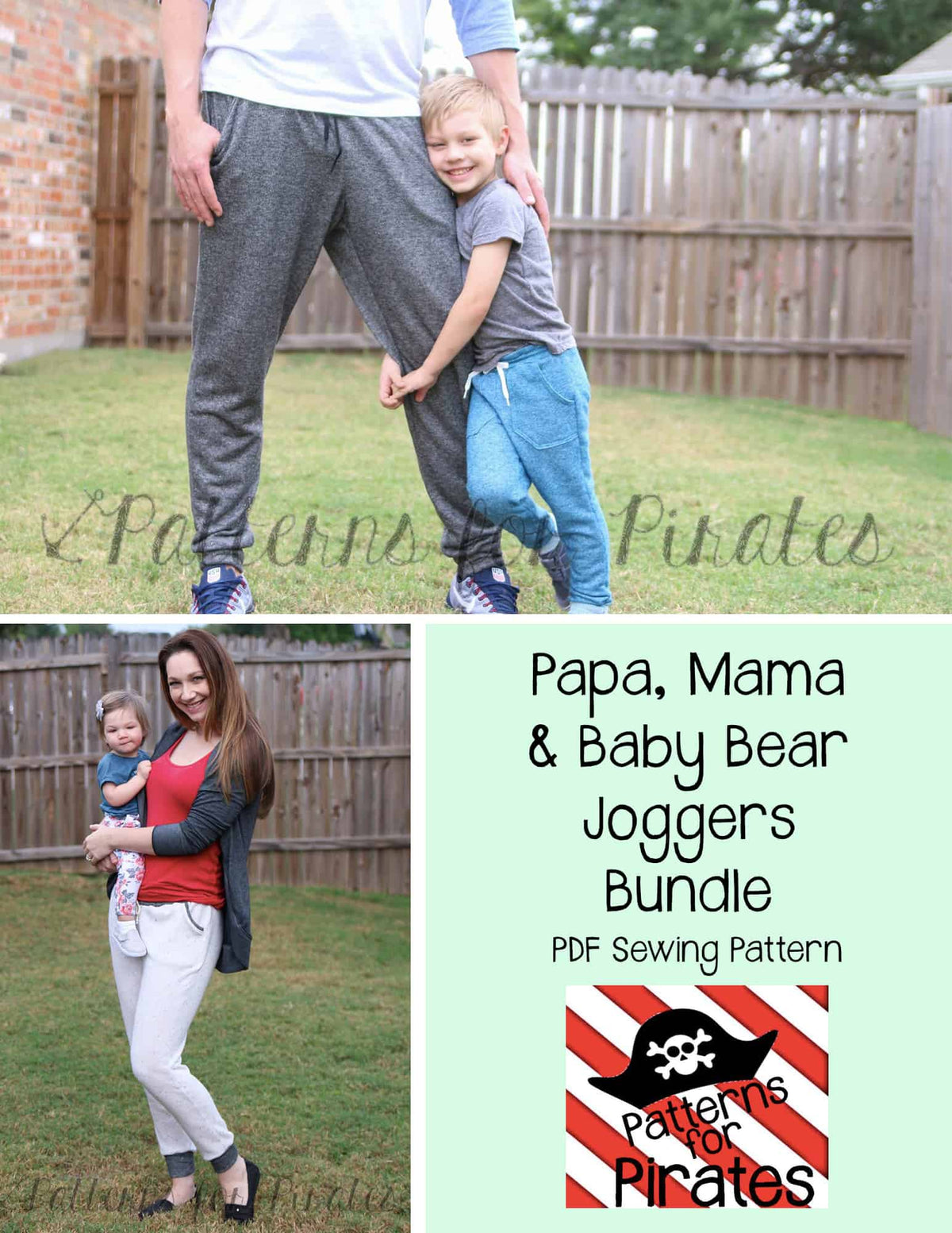 Papa, Mama + Baby Bear Joggers — P4P pattern artwork showing sewn examples